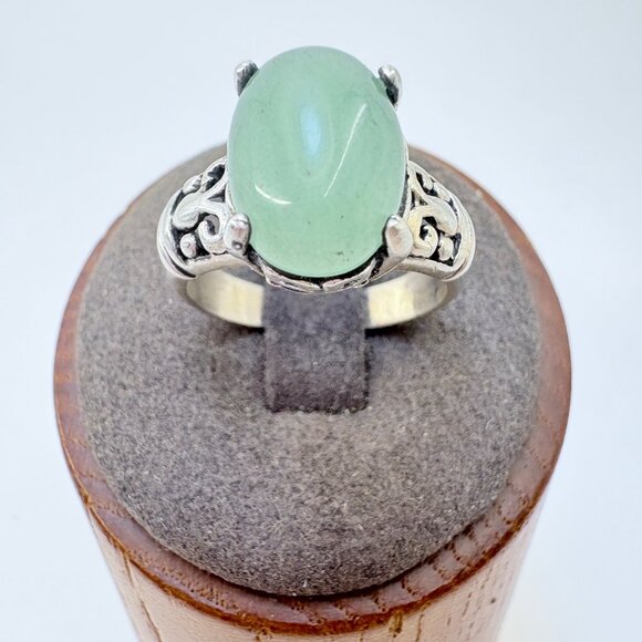 VTG Sterling Silver 925 Jade Cabochon Prong Set Statement Ring Size 7.75 - Picture 3 of 9